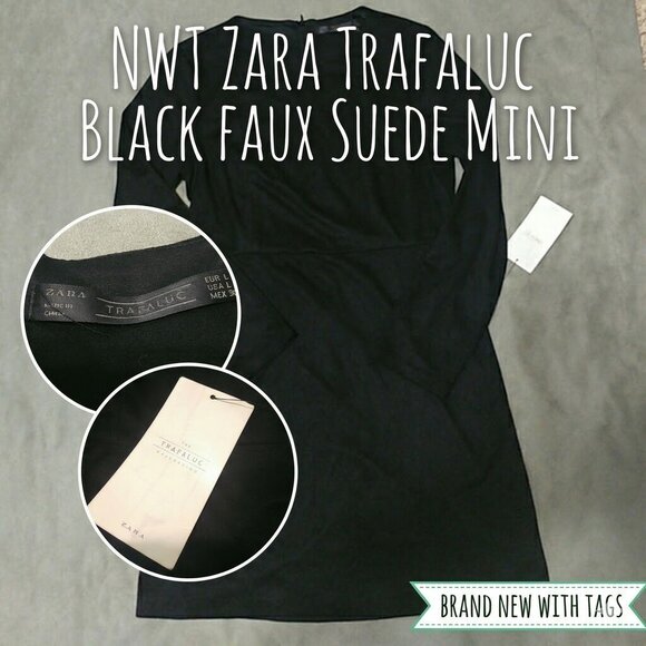 NWT Zara Trafaluc Black Long Sleeve Faux Suede Mini Dress - Size L - Picture 2 of 5